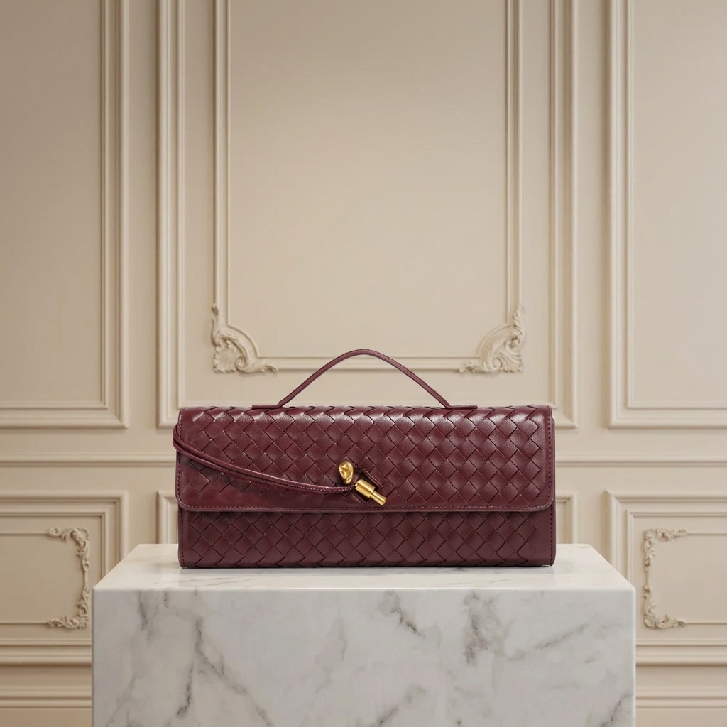 Hand-Woven Vegan Leather Long Clutch Bag - Elegant Accordion Crossbody Bag with Gold Knot Hardware