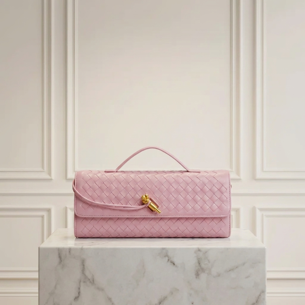 Hand-Woven Vegan Leather Long Clutch Bag - Elegant Accordion Crossbody Bag with Gold Knot Hardware