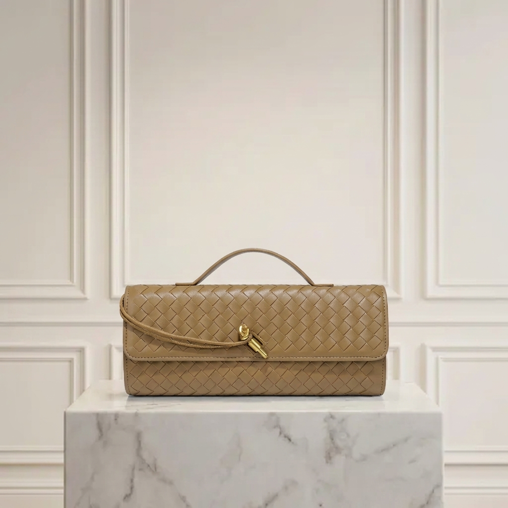 Hand-Woven Vegan Leather Long Clutch Bag - Elegant Accordion Crossbody Bag with Gold Knot Hardware