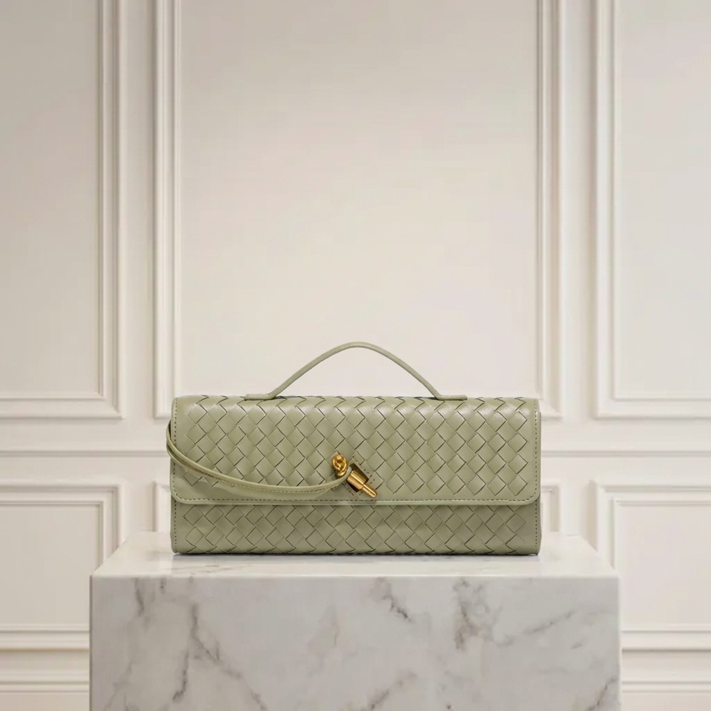 Hand-Woven Vegan Leather Long Clutch Bag - Elegant Accordion Crossbody Bag with Gold Knot Hardware