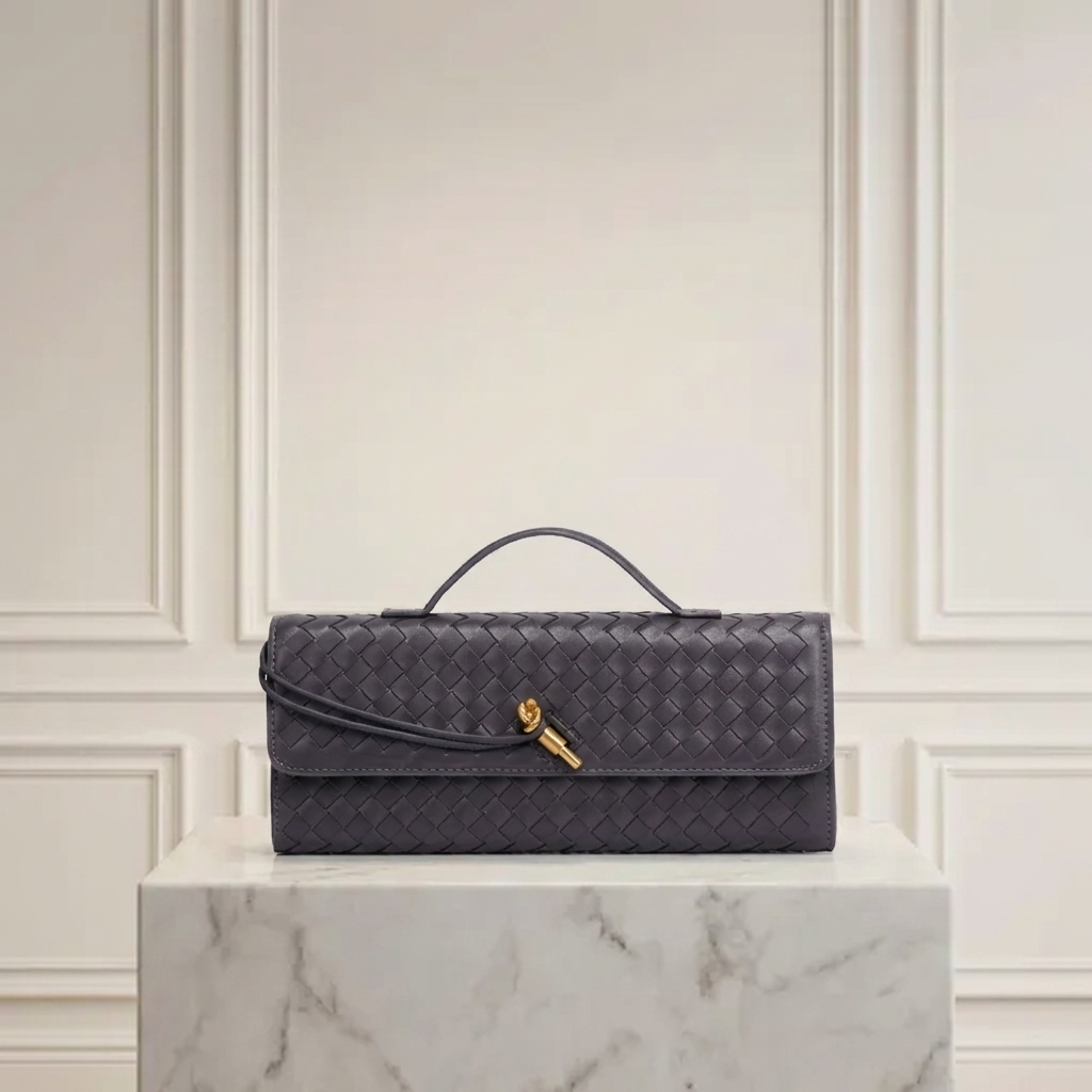 Hand-Woven Vegan Leather Long Clutch Bag - Elegant Accordion Crossbody Bag with Gold Knot Hardware