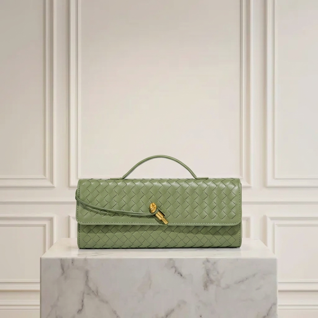 Hand-Woven Vegan Leather Long Clutch Bag - Elegant Accordion Crossbody Bag with Gold Knot Hardware