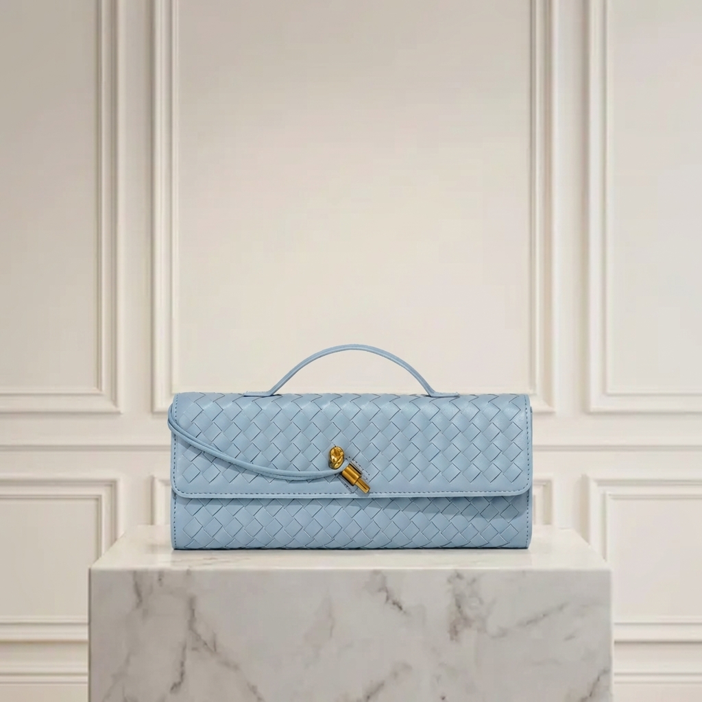 Hand-Woven Vegan Leather Long Clutch Bag - Elegant Accordion Crossbody Bag with Gold Knot Hardware