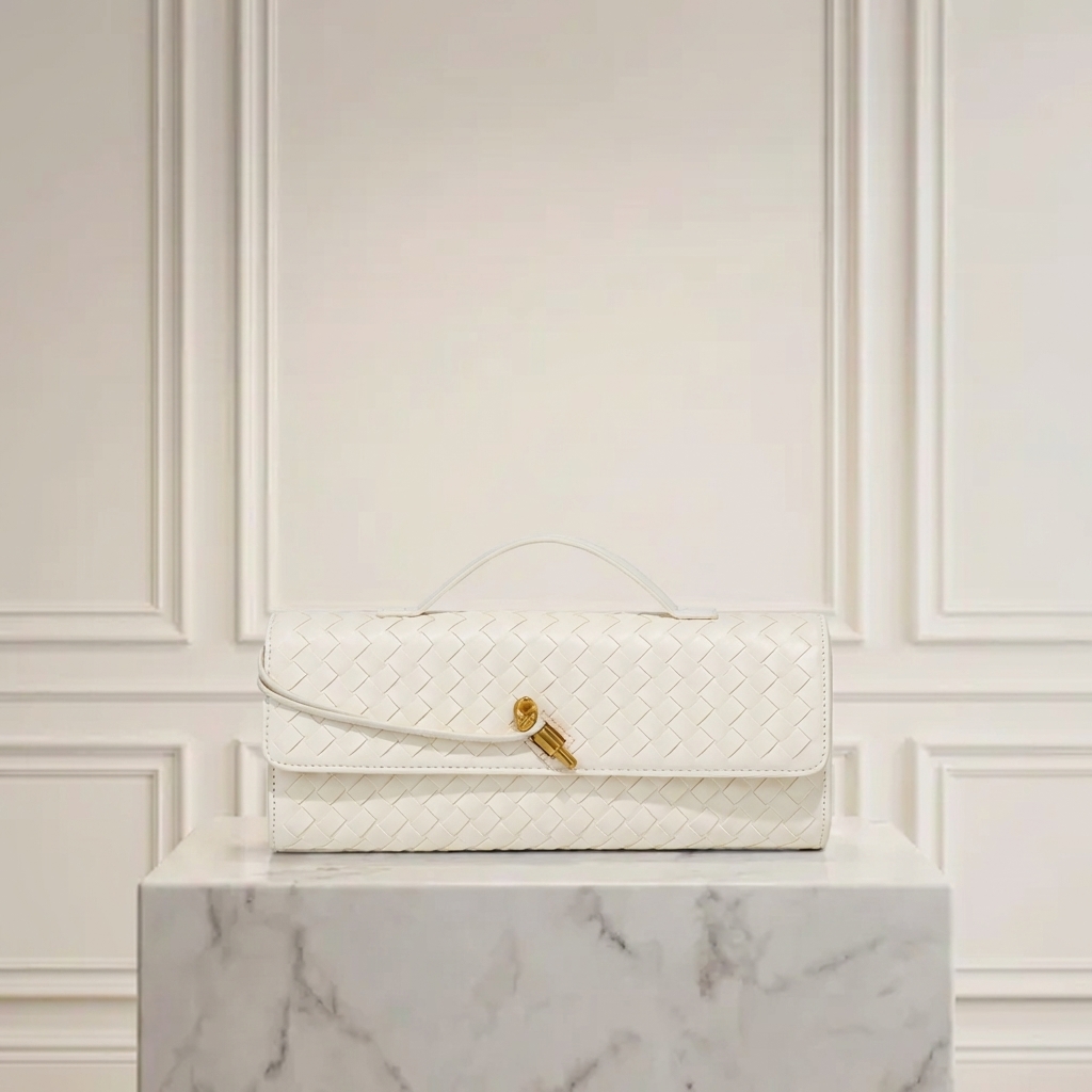 Hand-Woven Vegan Leather Long Clutch Bag - Elegant Accordion Crossbody Bag with Gold Knot Hardware