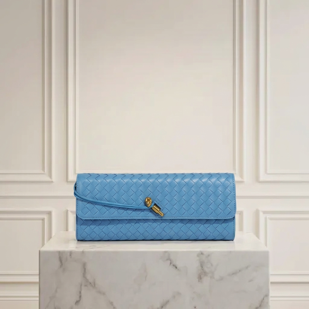 Hand-Woven Vegan Leather Long Clutch Bag - Elegant Accordion Crossbody Bag with Gold Knot Hardware