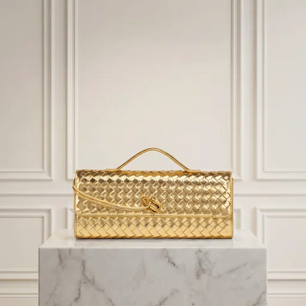 Hand-Woven Vegan Leather Long Clutch Bag - Elegant Accordion Crossbody Bag with Gold Knot Hardware