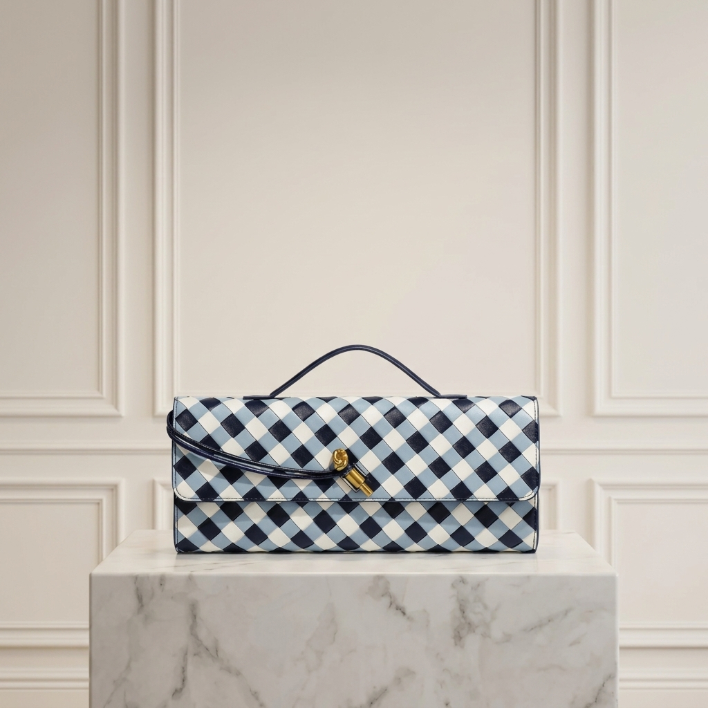 Hand-Woven Vegan Leather Long Clutch Bag - Elegant Accordion Crossbody Bag with Gold Knot Hardware