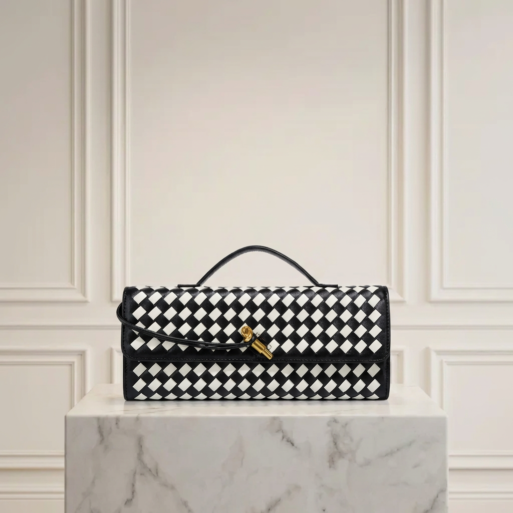 Hand-Woven Vegan Leather Long Clutch Bag - Elegant Accordion Crossbody Bag with Gold Knot Hardware