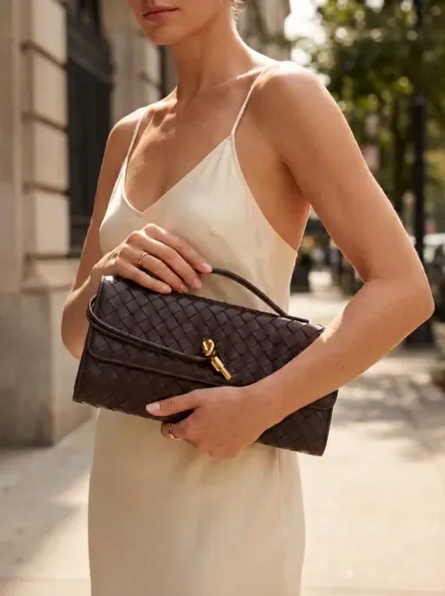 Hand-Woven Vegan Leather Long Clutch Bag - Elegant Accordion Crossbody Bag with Gold Knot Hardware