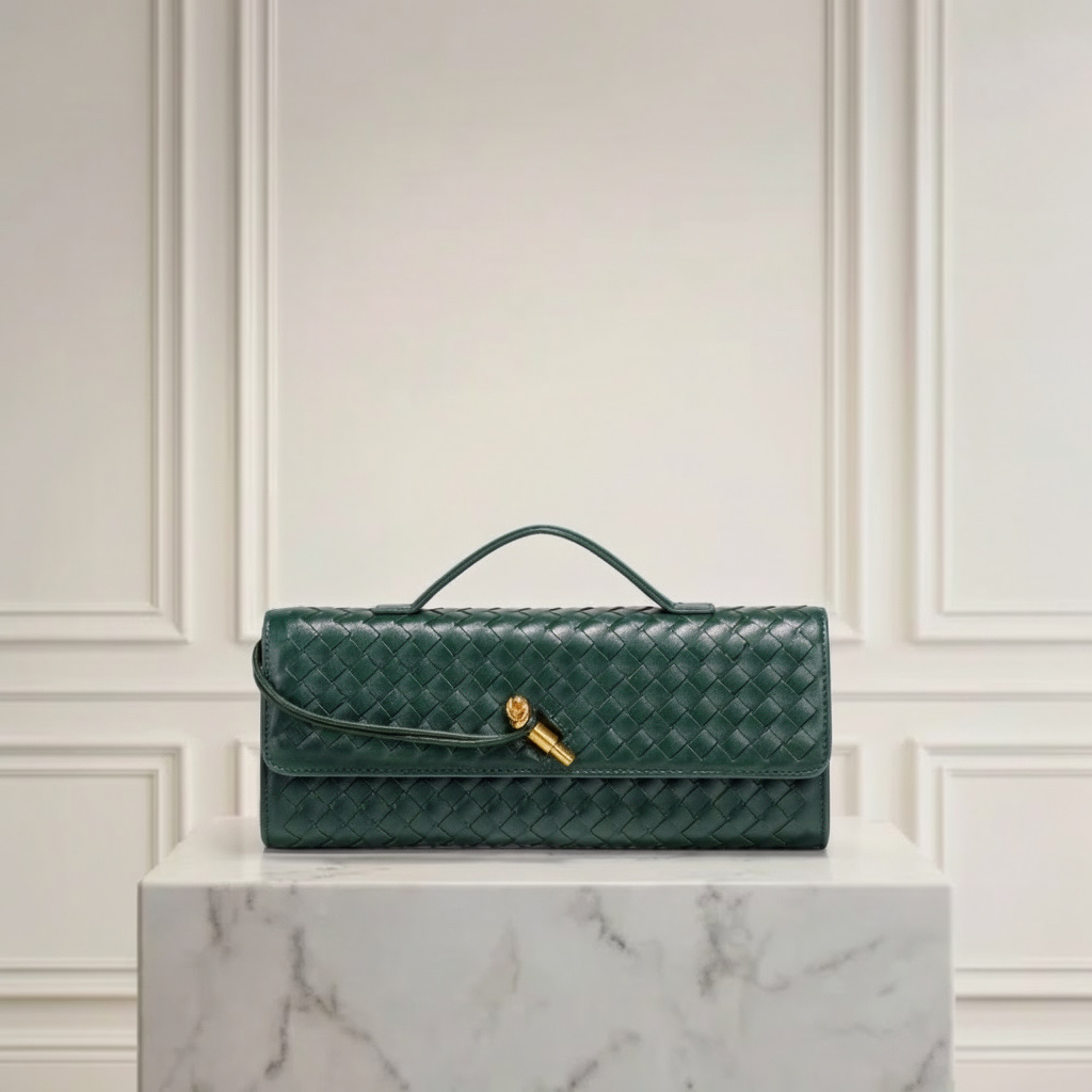 Hand-Woven Vegan Leather Long Clutch Bag - Elegant Accordion Crossbody Bag with Gold Knot Hardware