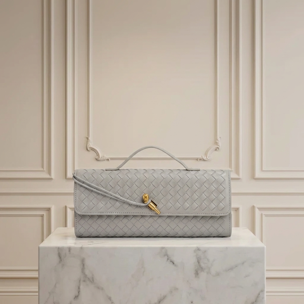 Hand-Woven Vegan Leather Long Clutch Bag - Elegant Accordion Crossbody Bag with Gold Knot Hardware