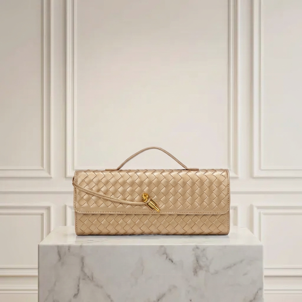 Hand-Woven Vegan Leather Long Clutch Bag - Elegant Accordion Crossbody Bag with Gold Knot Hardware