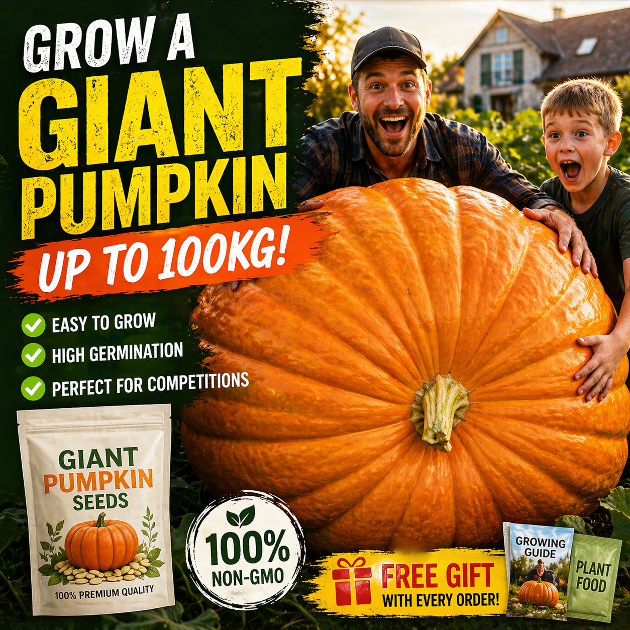 🌟 Wyhoduj Gigantyczną Dynię w Swoim Ogrodzie – Zestaw 3 Opakowań + Darmowy Nawóz i Poradnik! 🎃