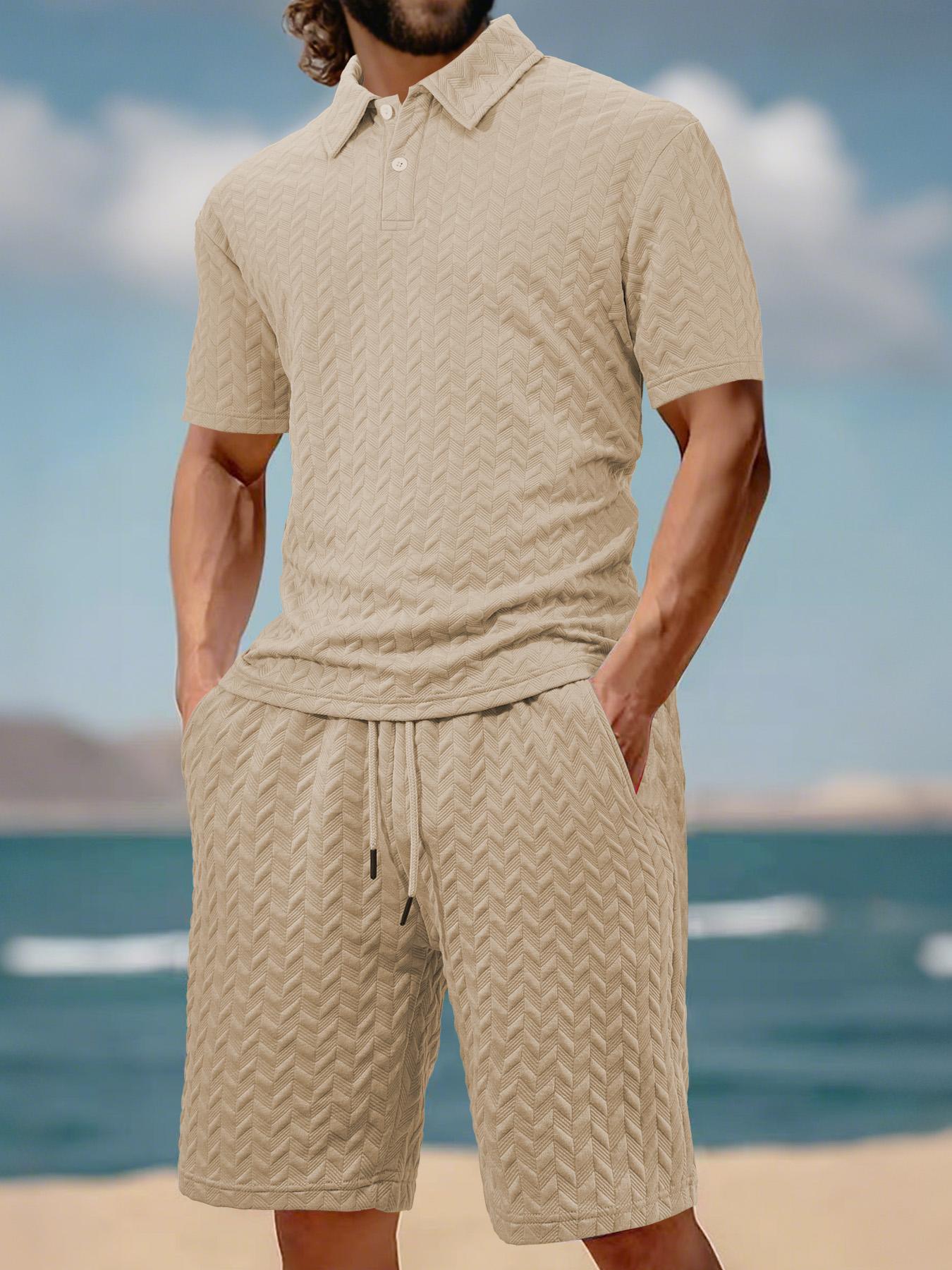 Men's Solid Polo Shirt & Drawstring Waist Shorts Set, Cozy Breathable Two-piece Outfits for Daily Outdoor Wear, Men Clothes for Summer