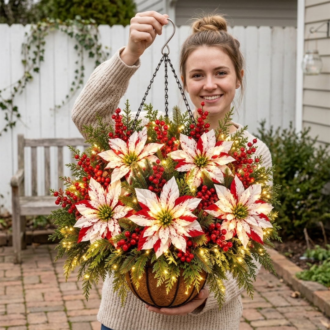 🎄Christmas Hot Sale🏆Pre-Lit Artificial Christmas Flowers Hanging Basket
