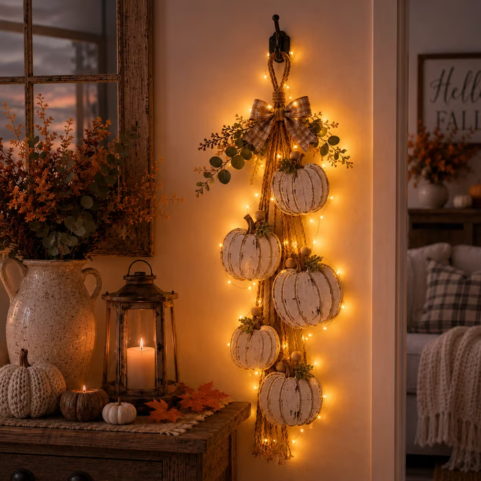 🏡🎃Rustic Wooden Pumpkin Door Hanging with Warm LED Lights