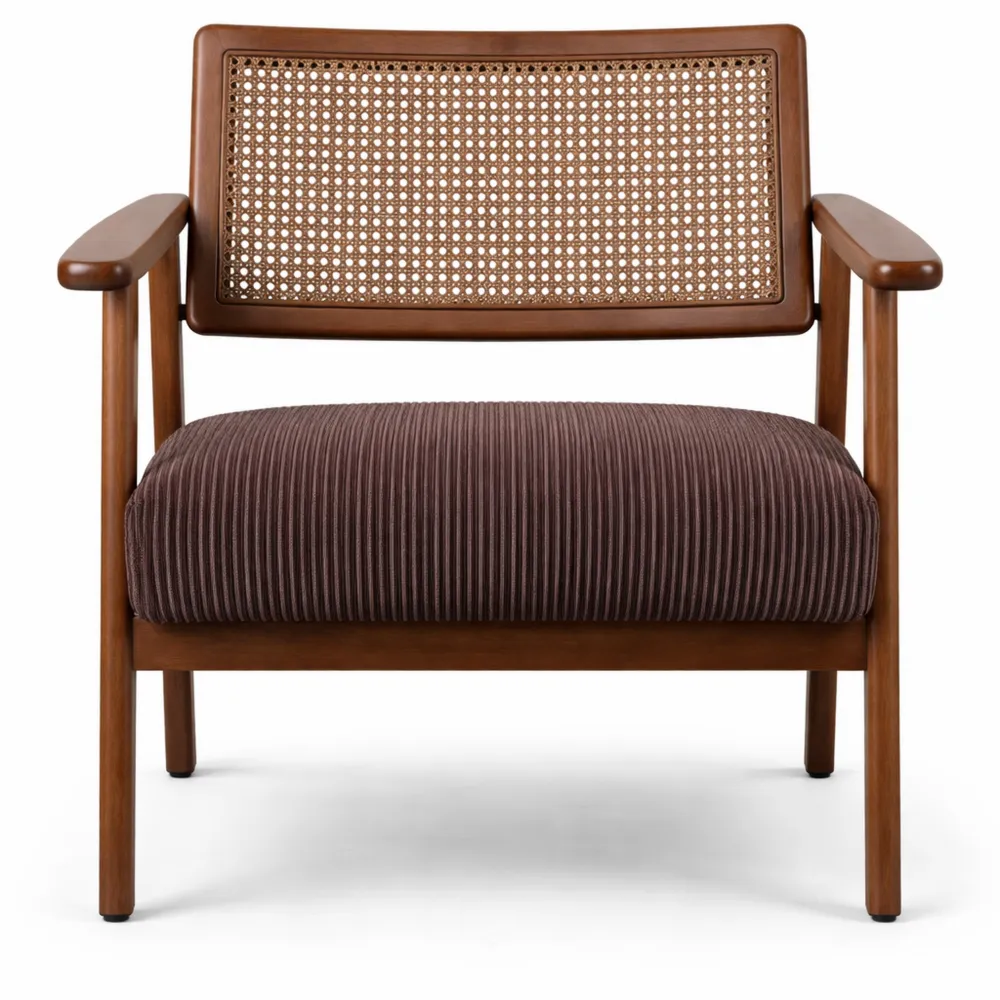 Fauteuil en bois massif avec rotin et velours côtelé