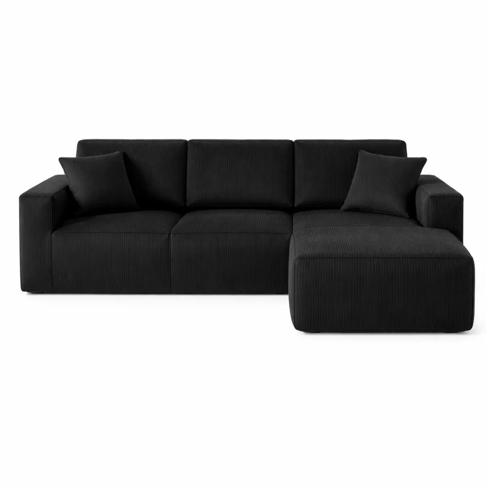 Canapé d'angle 2 places avec méridienne droite en velours côtelé noir - Confort haute densité