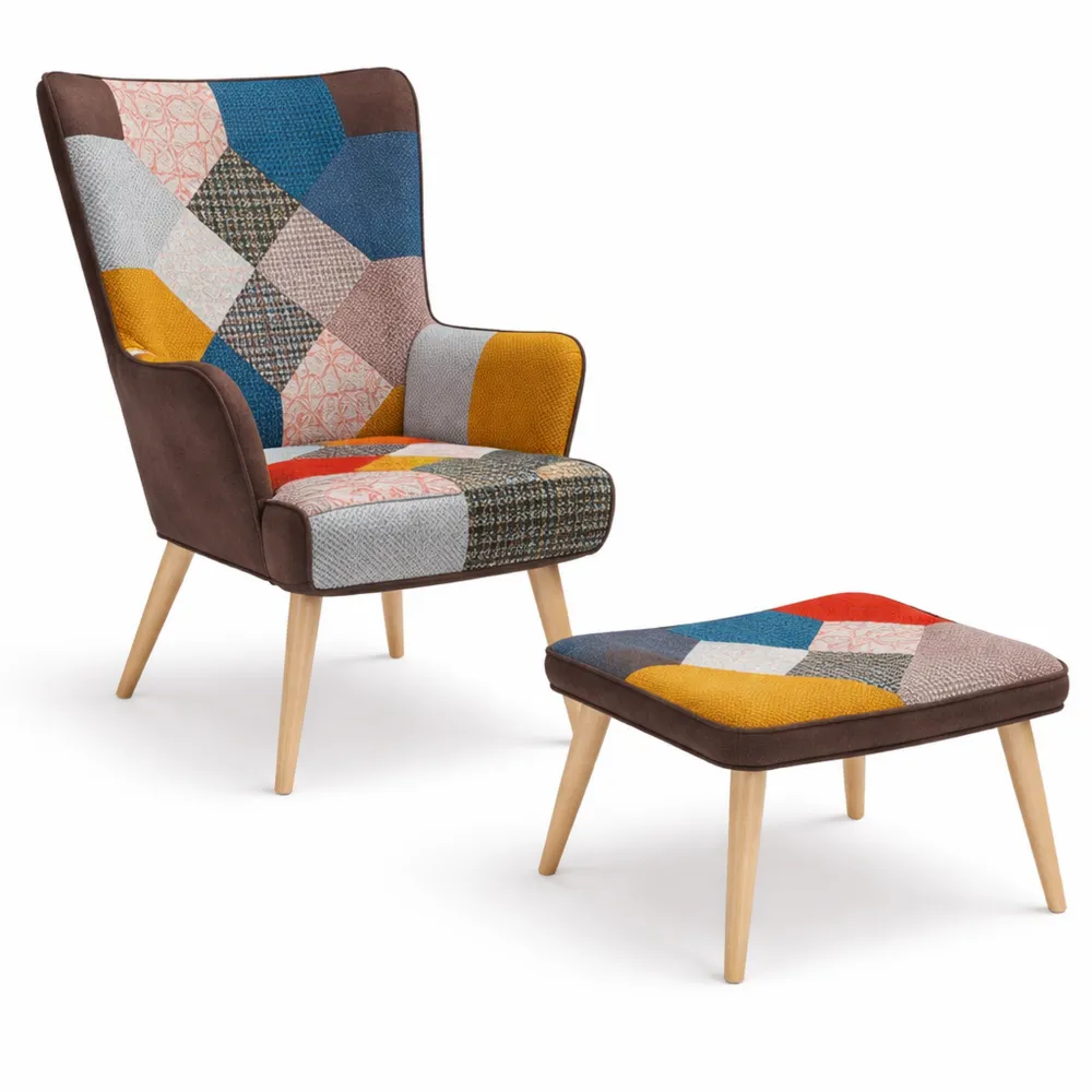 Fauteuil design avec repose-pieds en tissu multicolore