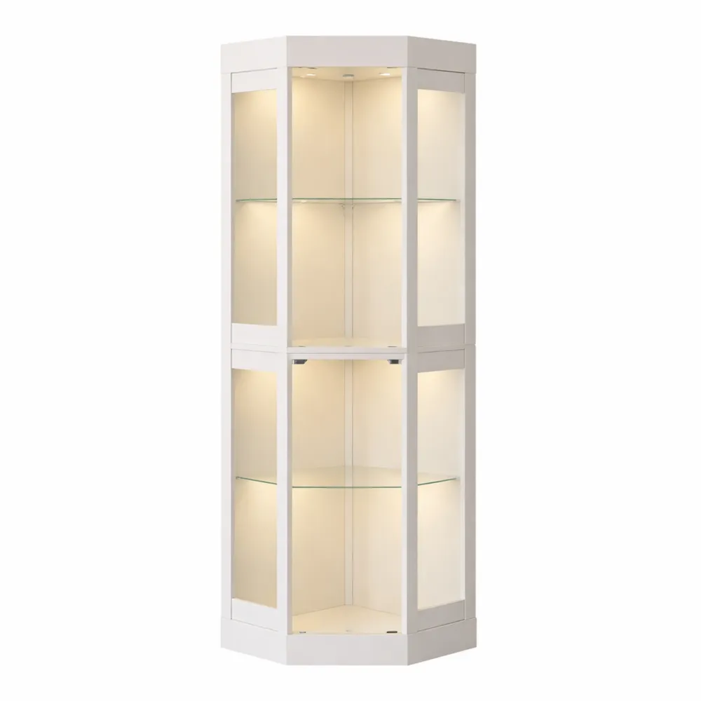 Vitrine d'angle en verre avec éclairage LED et design épuré
