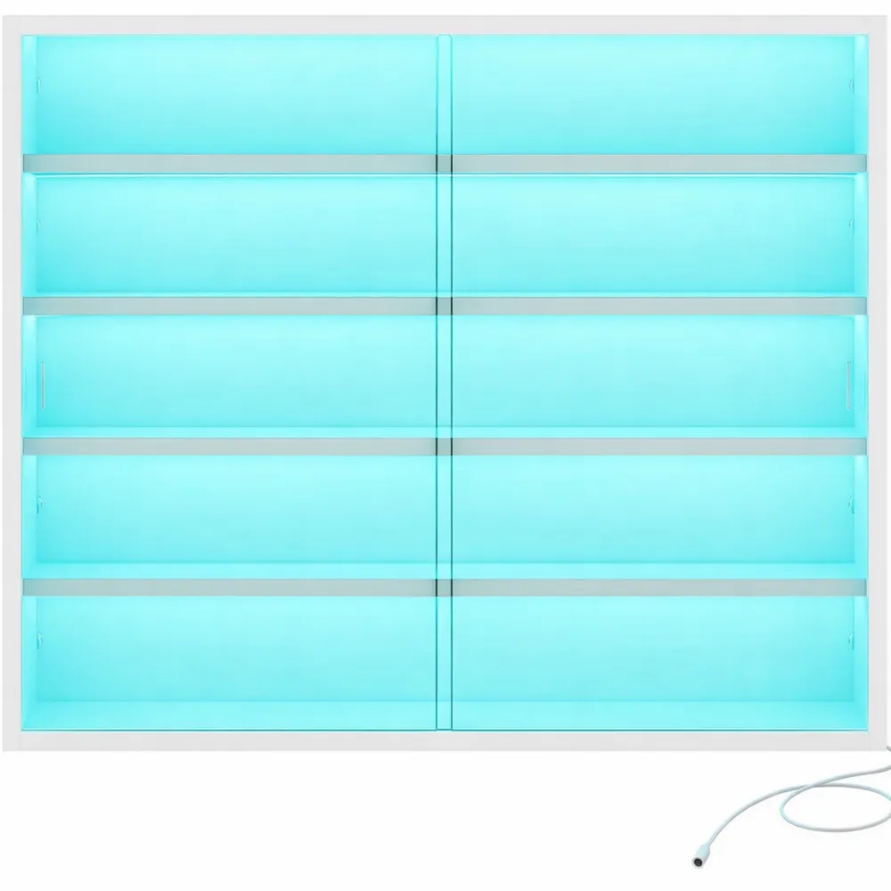 Armoire d'exposition murale avec étagères et éclairage LED coloré, portes vitrées