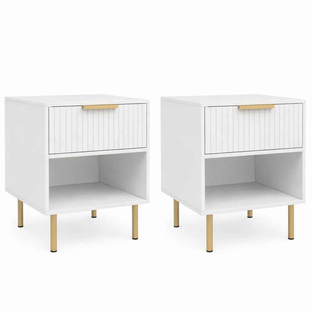 Lot de 2 tables de chevet avec tiroir et niche, effet lattes blanc et doré