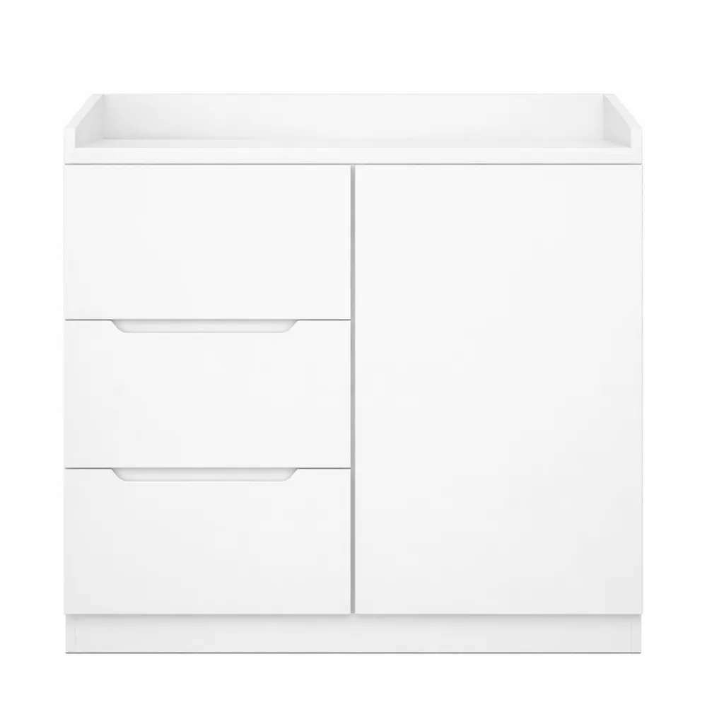Commode moderne à 3 tiroirs et 1 porte, rangement salon et chambre, blanc