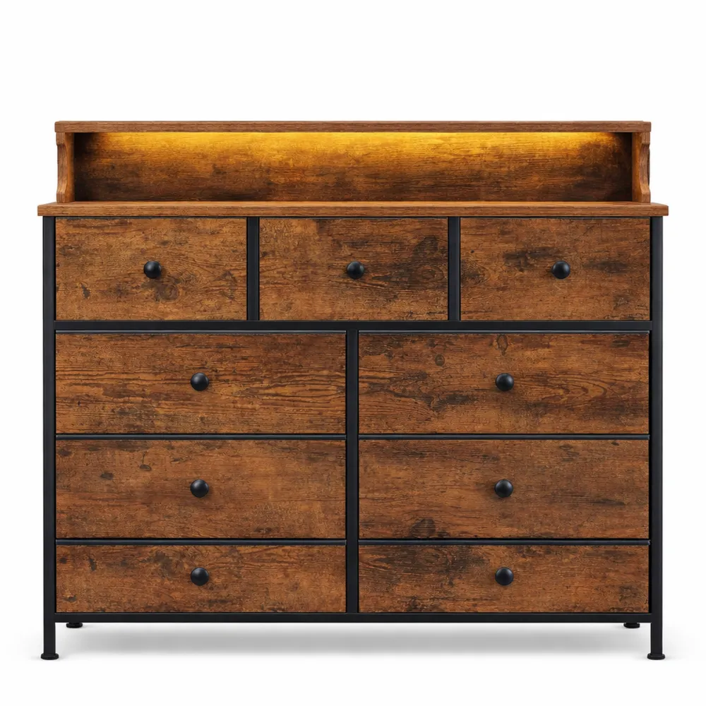 Commode 9 Tiroirs avec LED et Ports USB/AC, Armoire Multifonction pour Chambre et Salon, 30 x 100 x 95 cm, Style Vintage
