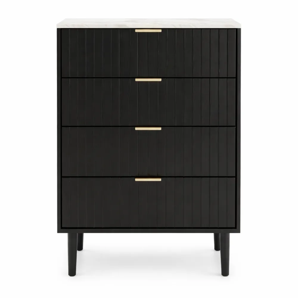 Commode noire avec 4 tiroirs et dessus marbré, style scandinave pour chambre ou bureau