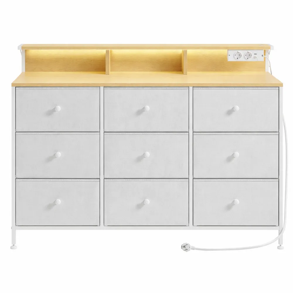 Commode de Rangement à 9 Tiroirs avec LED et Prise Intégrée, pour Chambre et Salon, Blanc