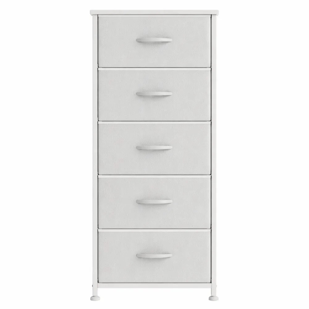 Commode en Tissu avec 5 Tiroirs et Plateau en Bois Blanc