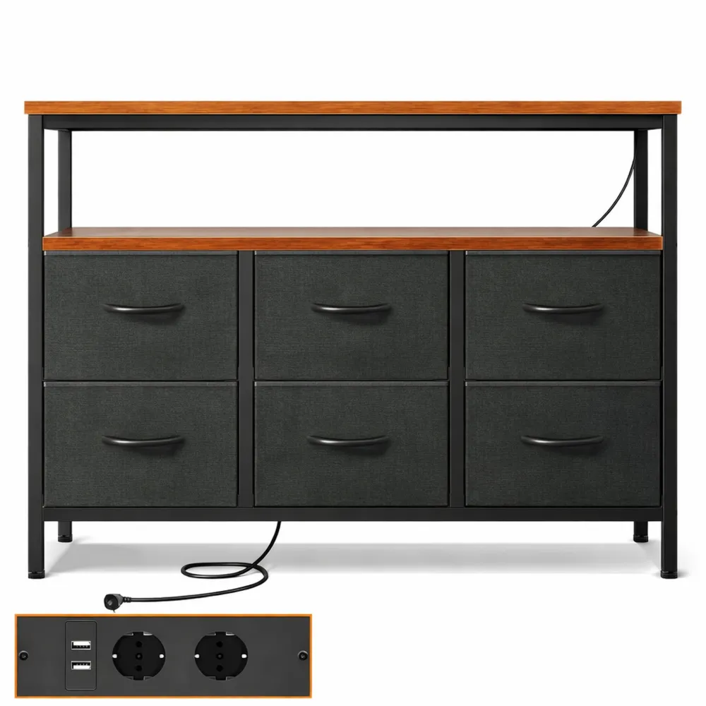 Buffet avec 6 Tiroirs Grands, Ports USB Intégrés, pour Salon et Chambre, Style Vintage