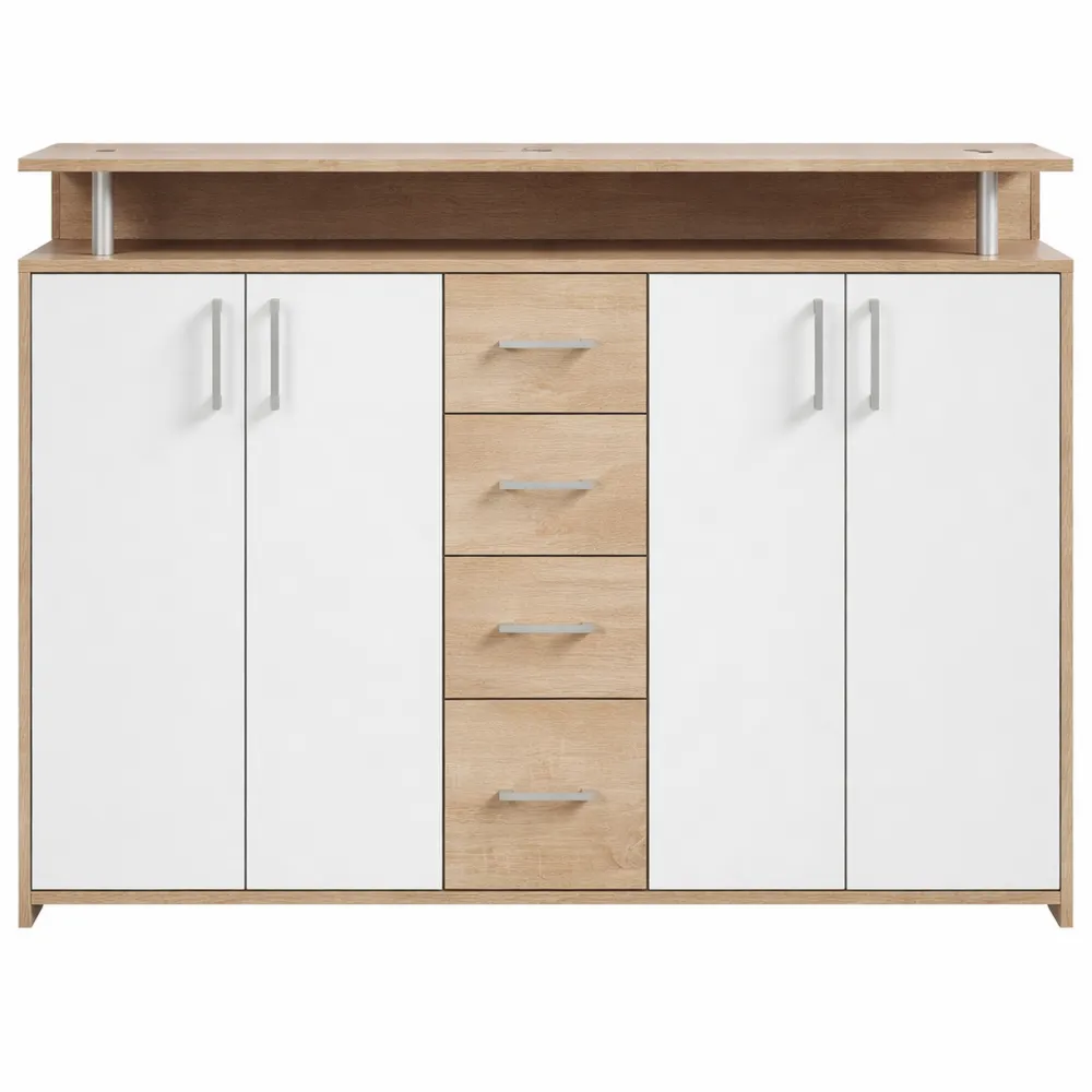 Buffet moderne avec étagères et tiroirs, finition chêne et blanc, espace de rangement ample