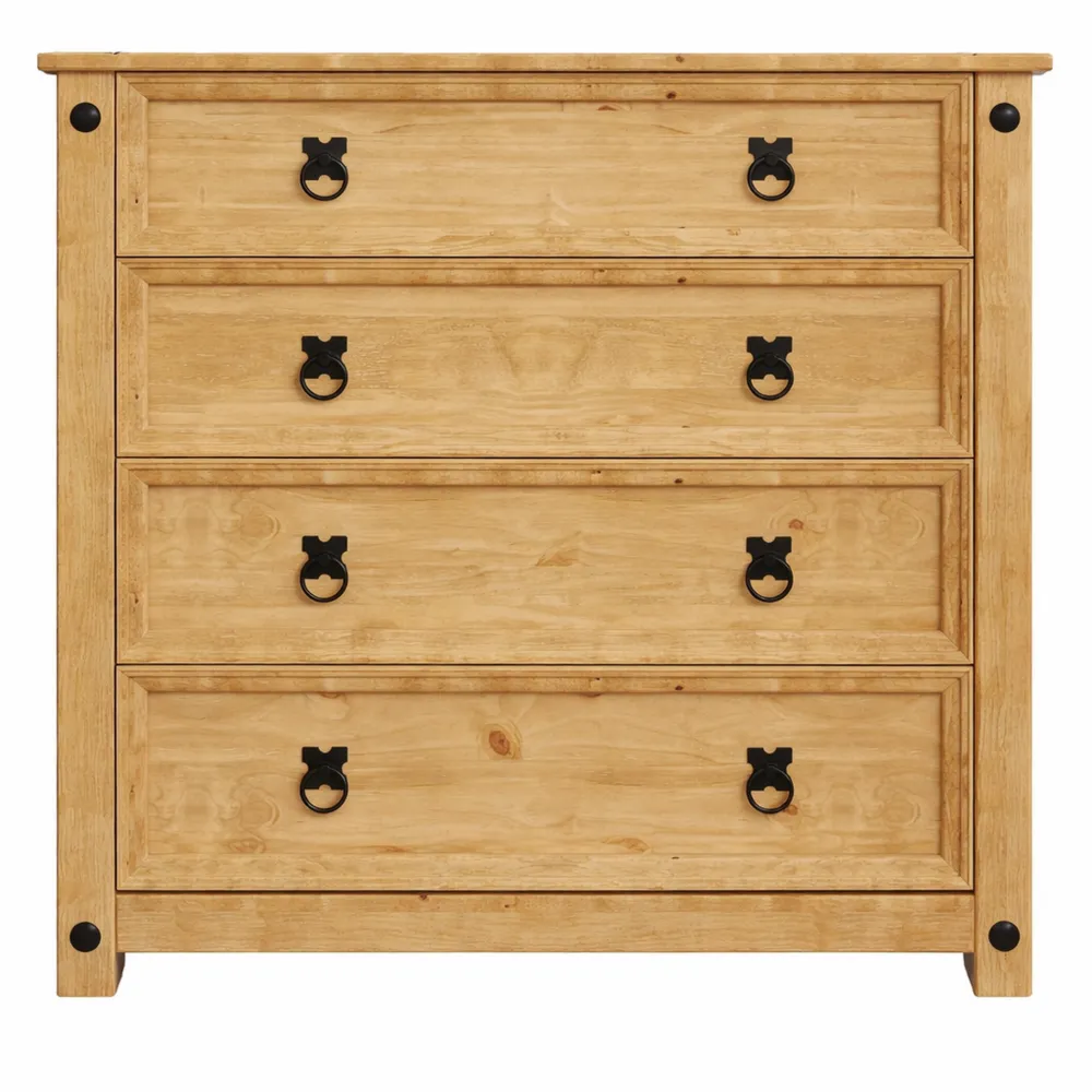 Commode à 4 tiroirs en pin massif effet vieilli, beige