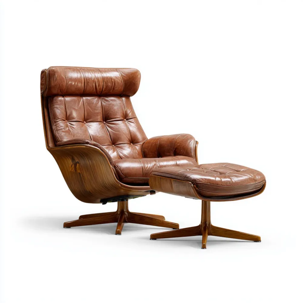 Sillón reclinable de cuero 85x95x100 cm con reposapiés 60x45x40 cm – Marrón – Diseño clásico