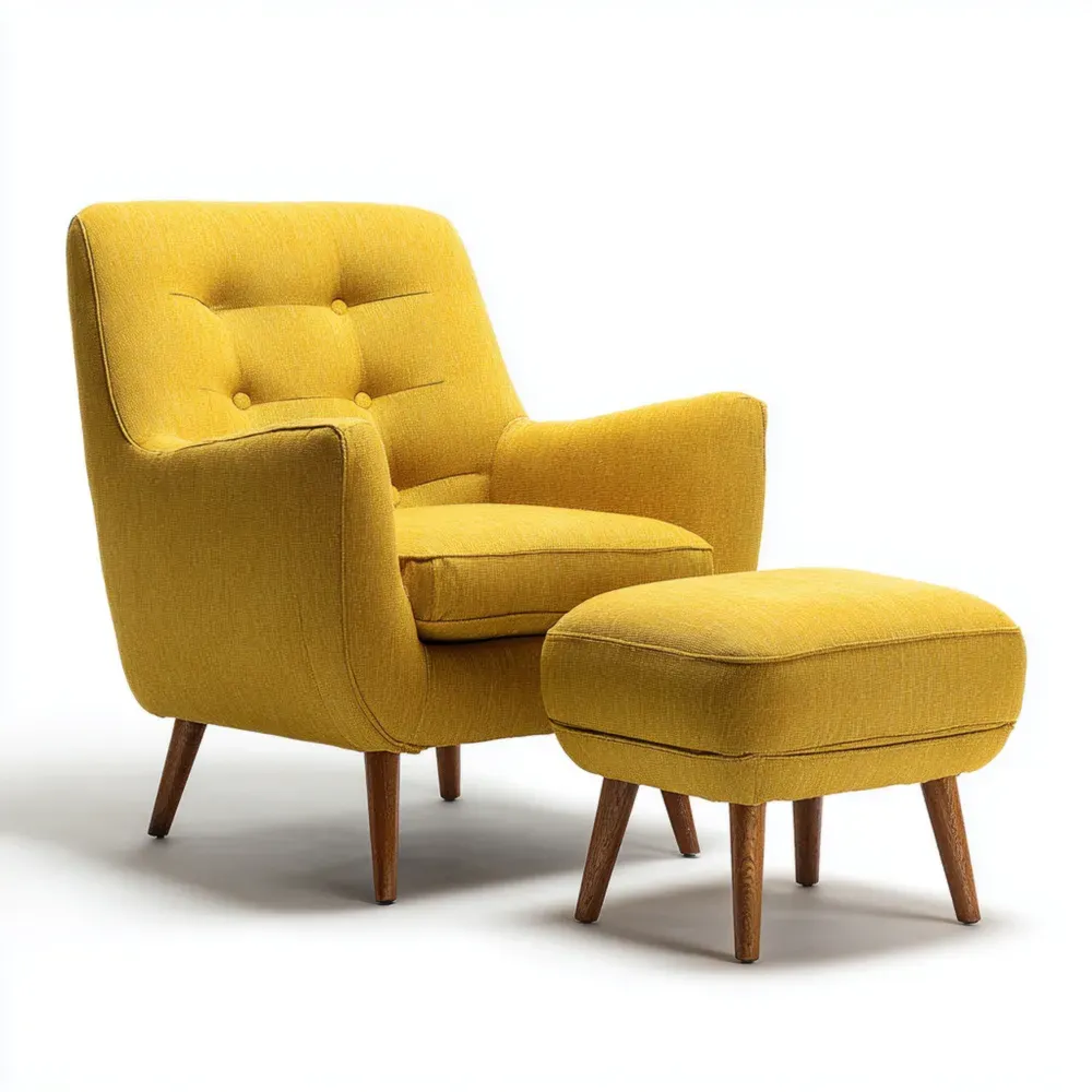 Sillón tapizado en tela 75x85x75 cm con reposapiés 55x40x40 cm - Amarillo Mostaza - Diseño contemporáneo