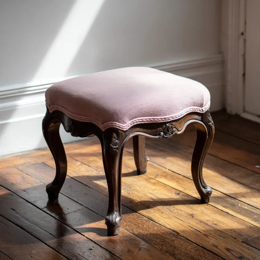 Taburete de madera tallada 44x44x35 cm – Rosa – Estilo vintage