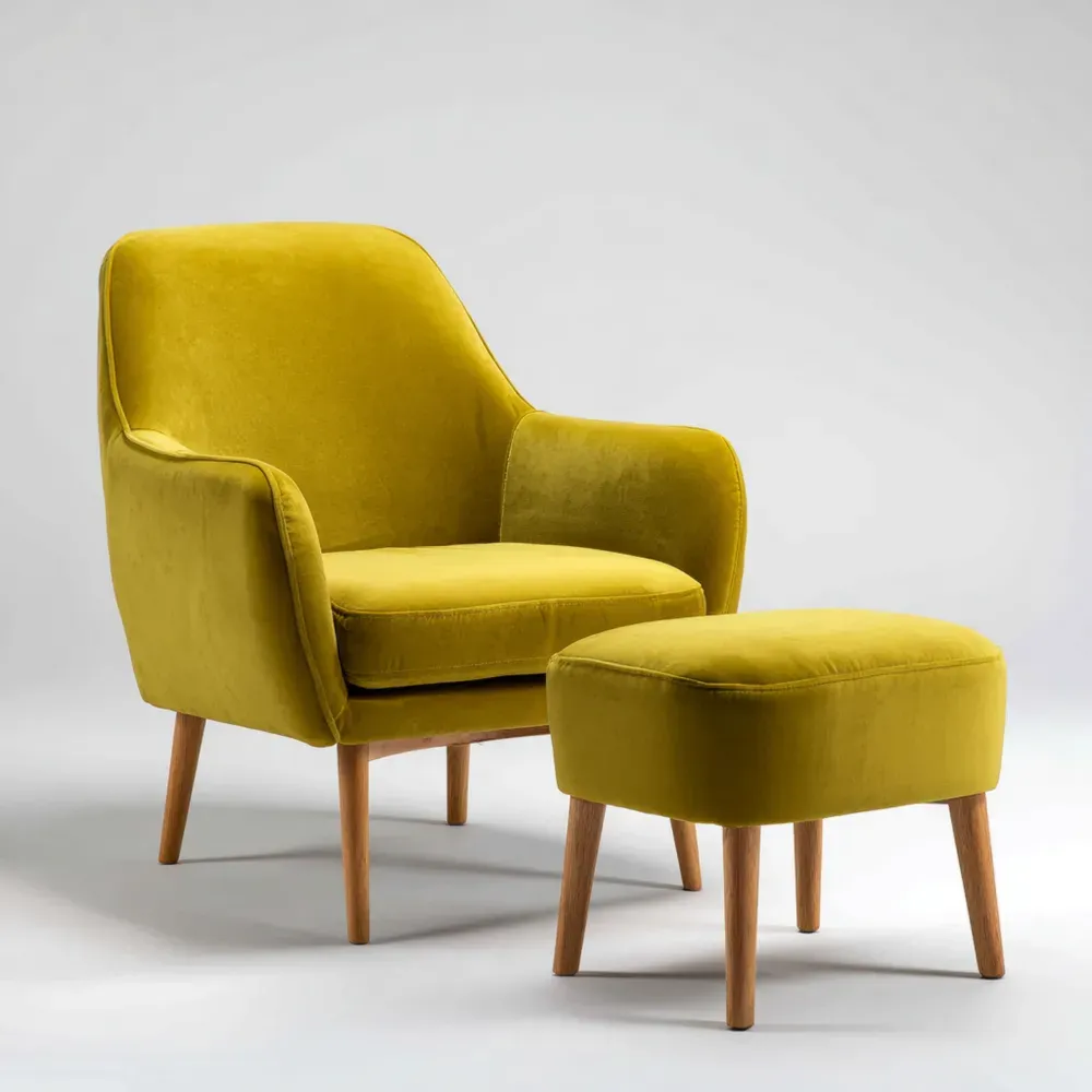 Sillón con Reposapiés Tapizado Terciopelo Amarillo Mostaza – Diseño Moderno 85x75x90 cm