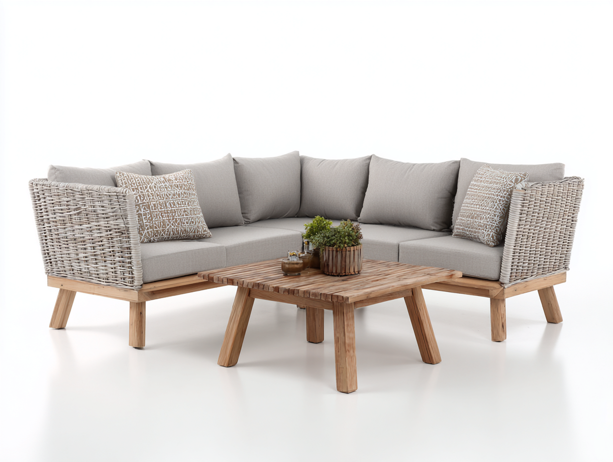 Gartensofa Ecksofa Set Polyrattan und Holz mit Tisch für Garten und Terrasse 240x240x75 cm - Naturholz und Hellgrau - Modernes Lounge Design-Loftgetmart