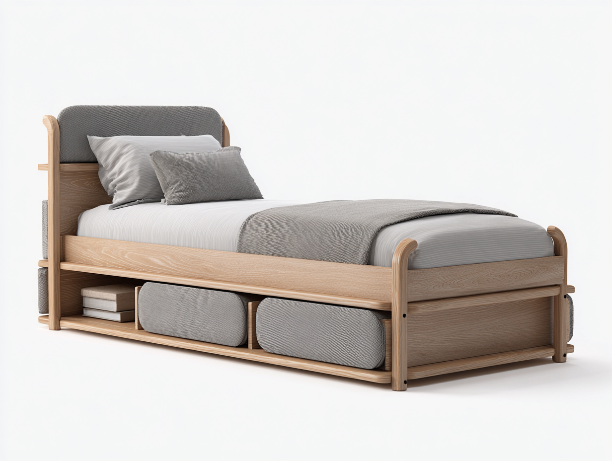 Einzelbett Holz 200x90x95 cm - Natur-Grau - Modernes Design mit offenem Stauraum für Schlafzimmer-Loftgetmart