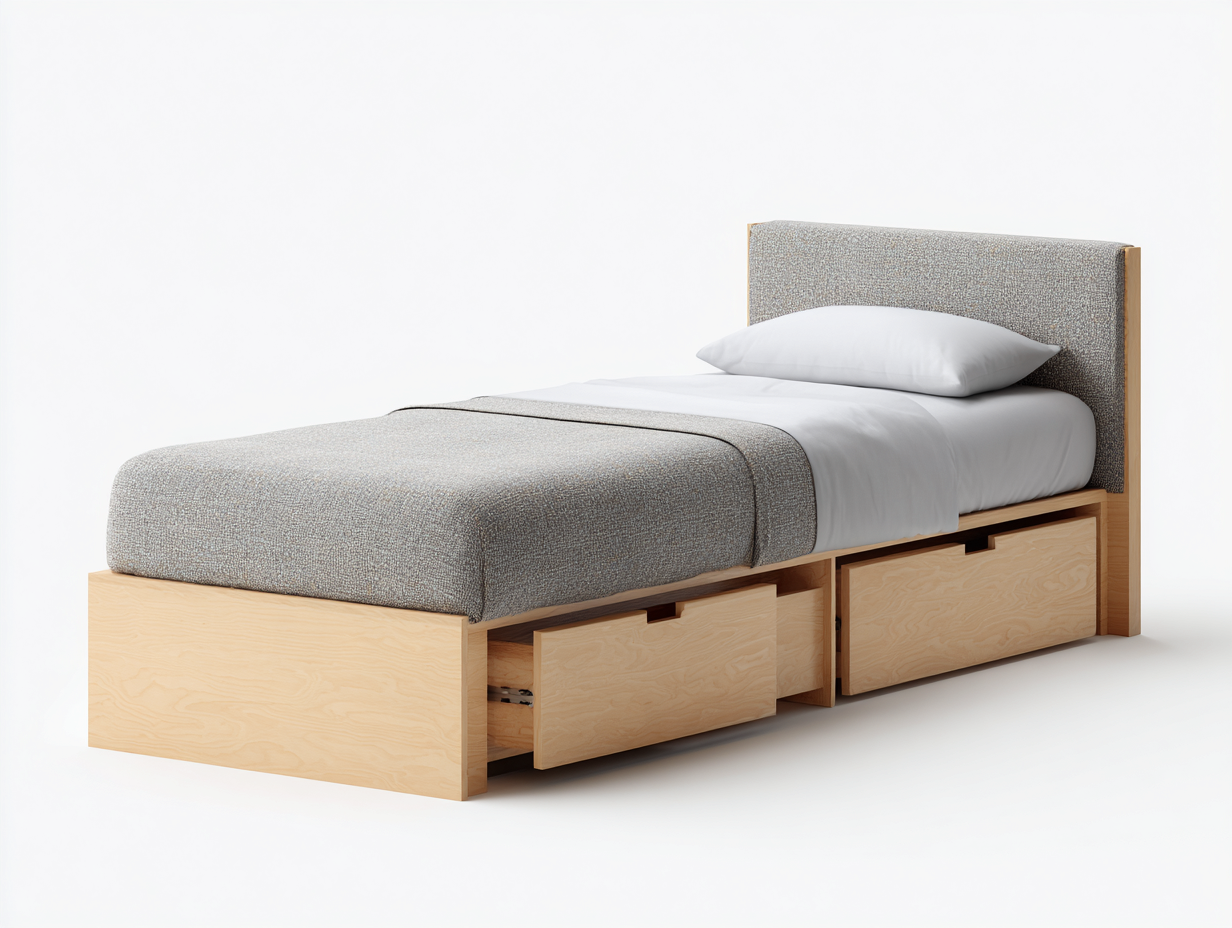 Einzelbett für Schlafzimmer mit Schubladen Holz und Stoff 205x95x95 cm - Naturholz und Grau - Modernes Design-Loftgetmart