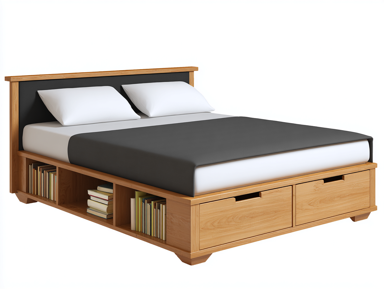 Doppelbett für Schlafzimmer mit Schubladen und offenen Regalfächern Holz 210x170x100 cm - Naturholz - Modernes Design-Loftgetmart