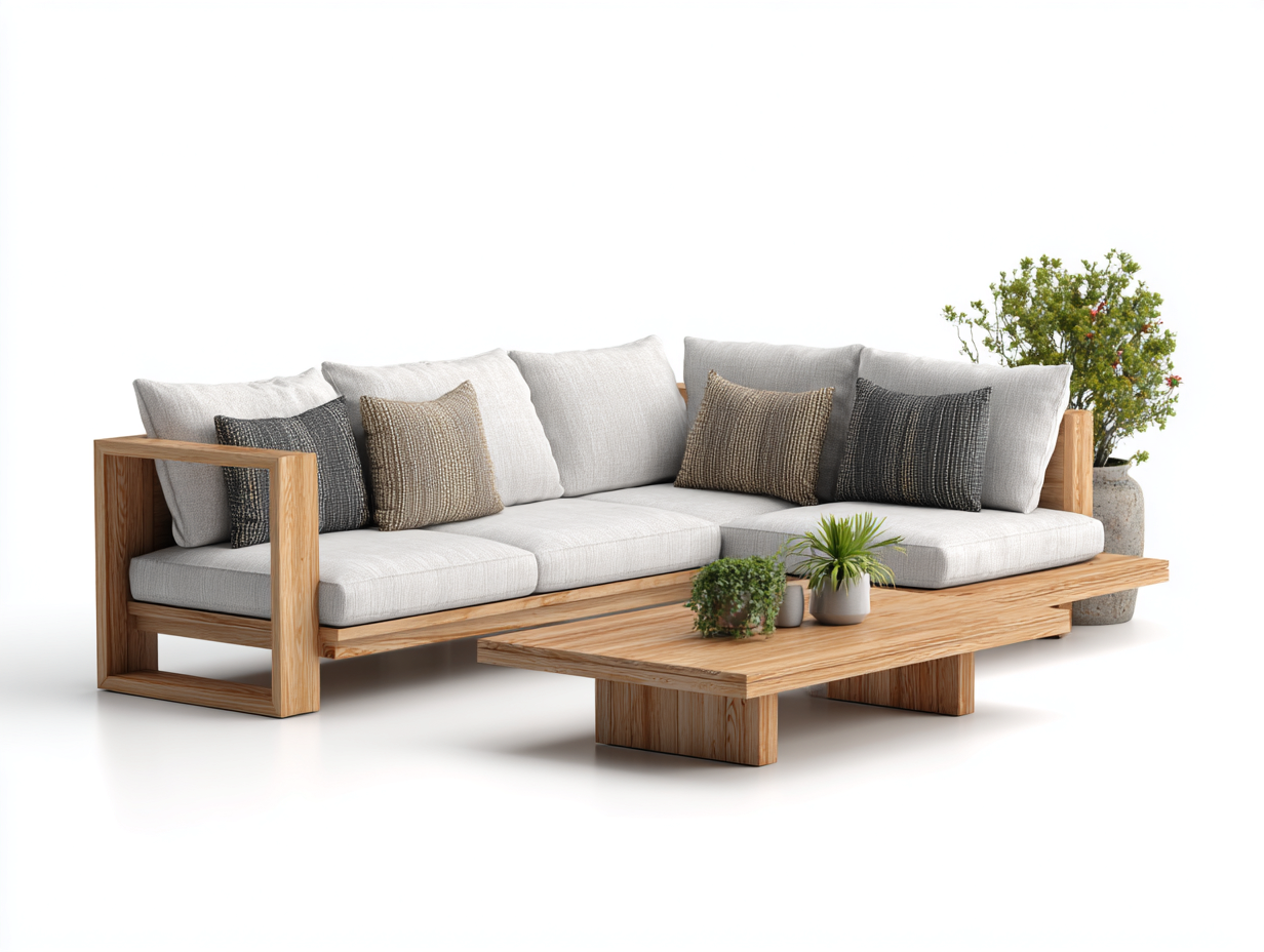 Gartensofa Ecksofa Set Holzrahmen mit Tisch für Garten und Terrasse 260x180x75 cm - Naturholz und Grau - Modernes Lounge Design-Loftgetmart