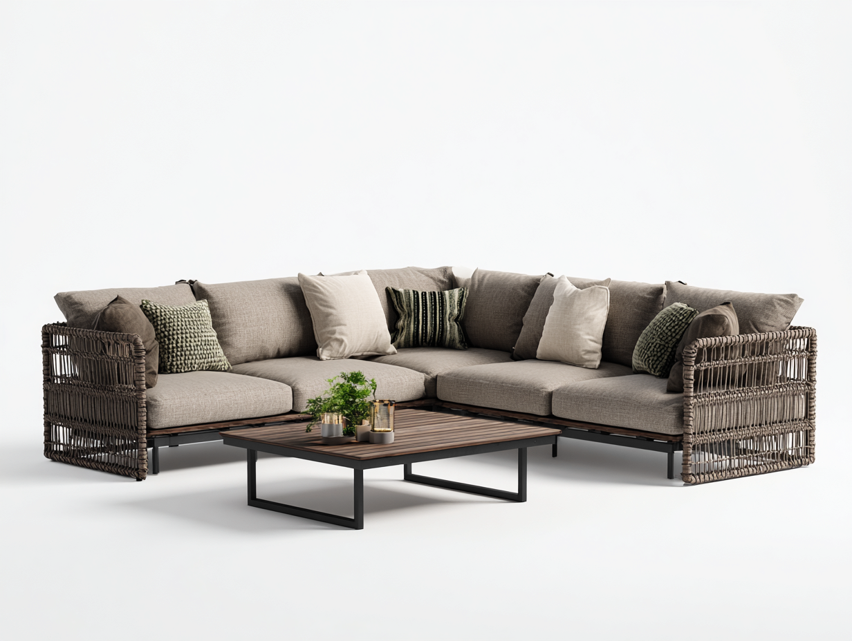 Gartensofa Ecksofa Set mit Tisch Polyrattan und Metallgestell 230x230x75 cm - Braun und Beige - Modernes Lounge Design-Loftgetmart