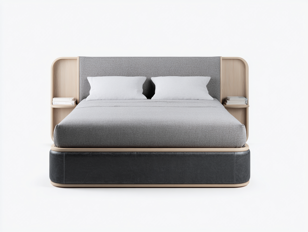 Doppelbett für Schlafzimmer mit Ablagefächern Kopfteil Holz und Leder 210x180x105 cm - Grau und Naturholz - Modernes Design-Loftgetmart