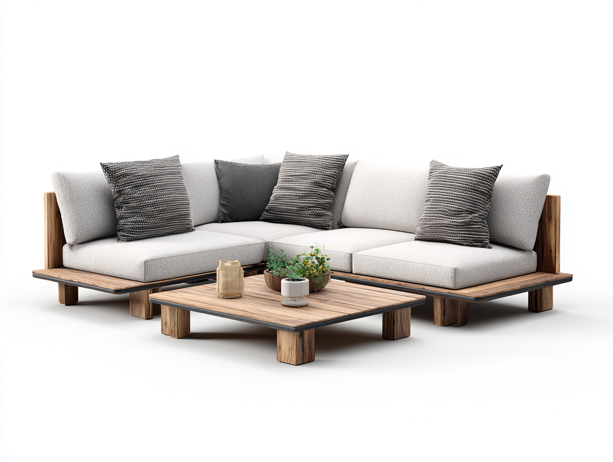 Gartensofa Set Holz und Stoff 220x160x70 cm - Natur-Beige - Modernes Lounge Design mit Couchtisch für Garten und Terrasse-Loftgetmart