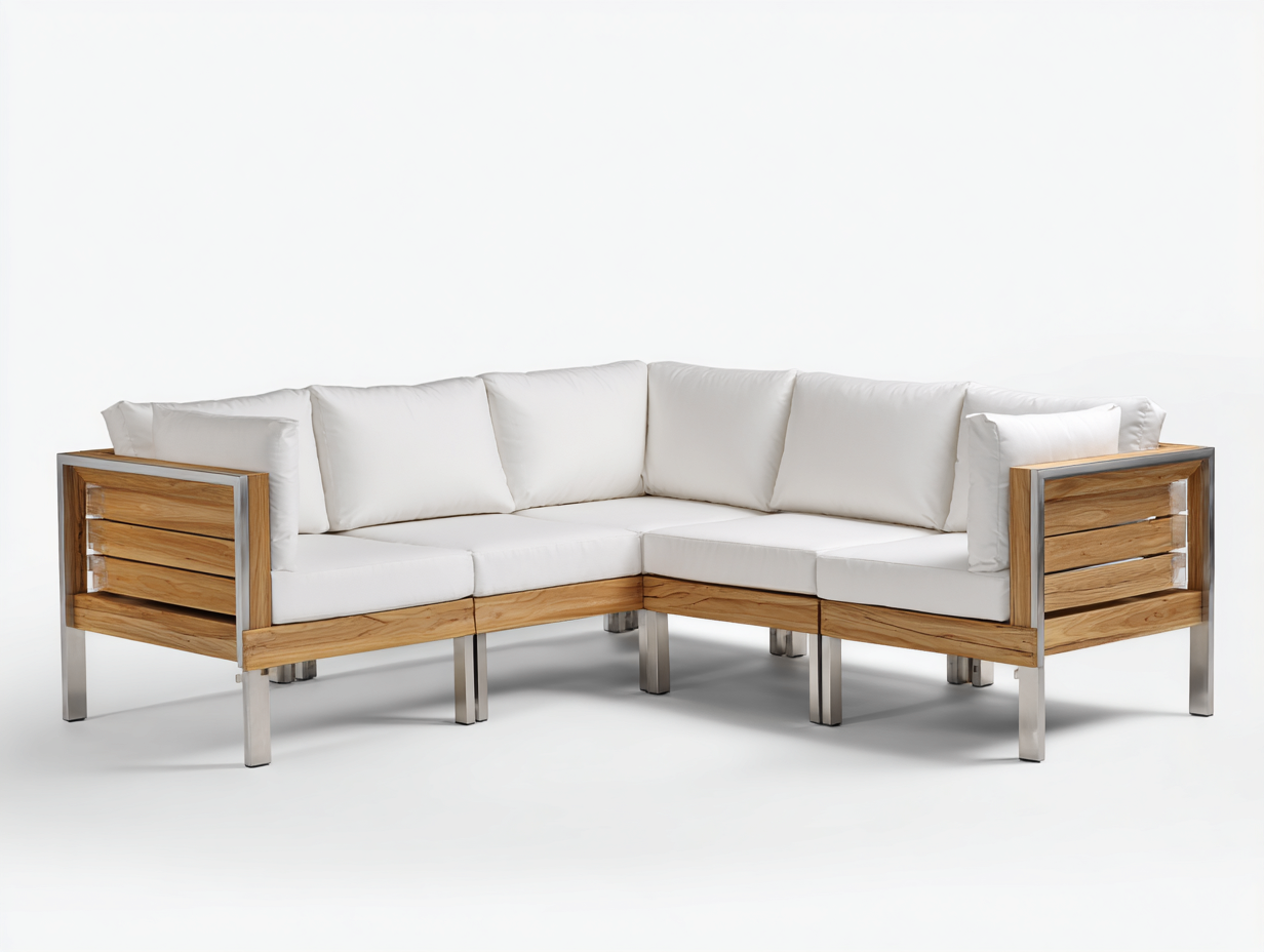 Gartensofa Ecksofa Set Holz und Edelstahl für Garten und Terrasse 240x240x75 cm - Naturholz und Weiß - Modernes Lounge Design-Loftgetmart