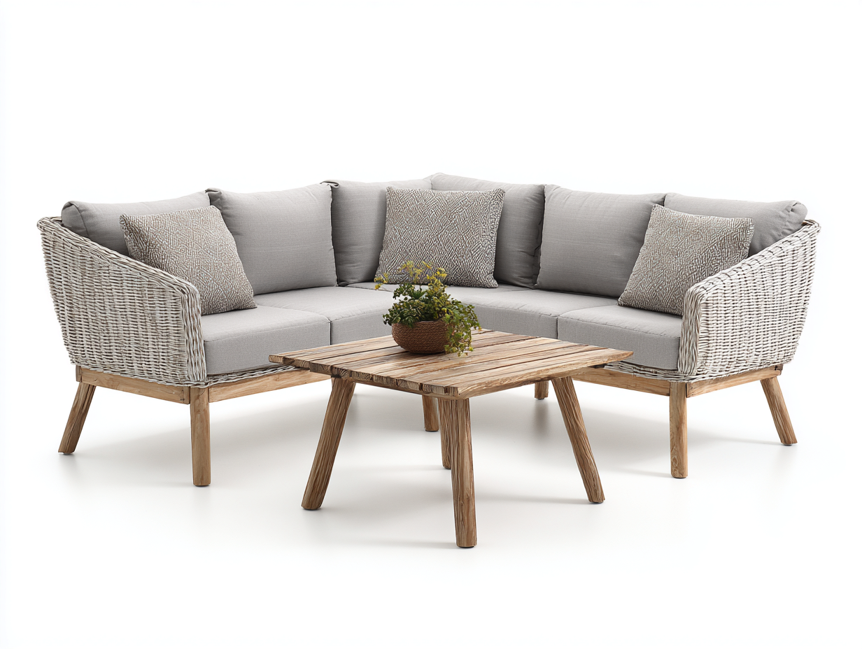 Gartensofa Set Holz und Rattan 200x200x75 cm - Natur-Beige - Modernes Lounge Design mit Couchtisch für Garten und Terrasse-Loftgetmart