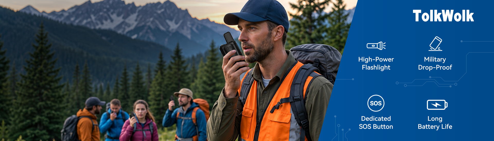 TolkWolk long range walkie talkies for outdoor hiking featuring military drop-proof protection, high-power flashlight, and long battery life