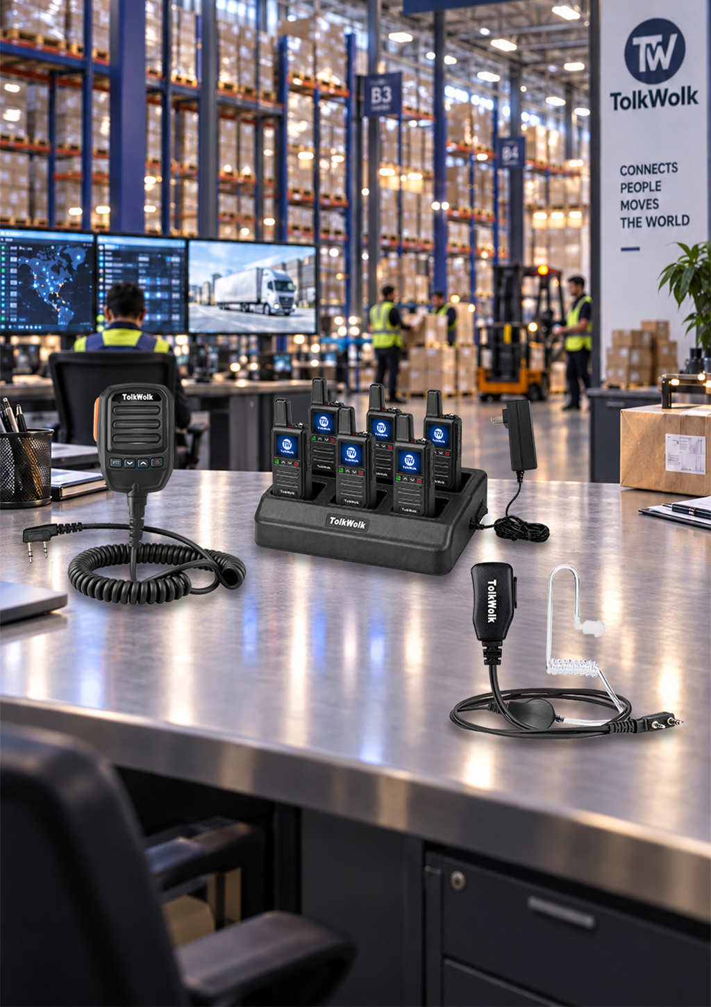 TolkWolk long range walkie talkies multi-charger set with speaker mics and earpieces for warehouse logistics team communication
